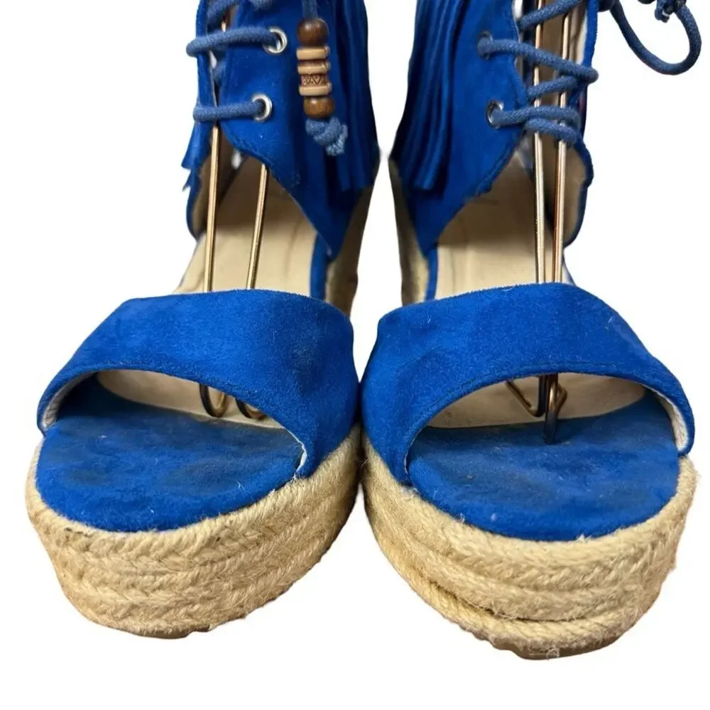 Miim Opava Blue Suede Leather Wedge Espadrille Fringe Sandals Shoes Platform 8
